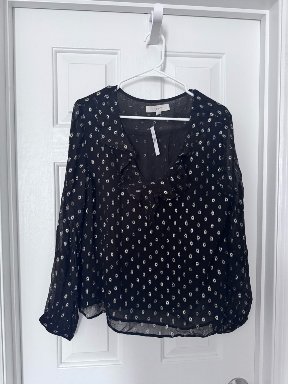 LOFT Black Sheer Blouse with Ivory Dot Print and Ruffle Neck